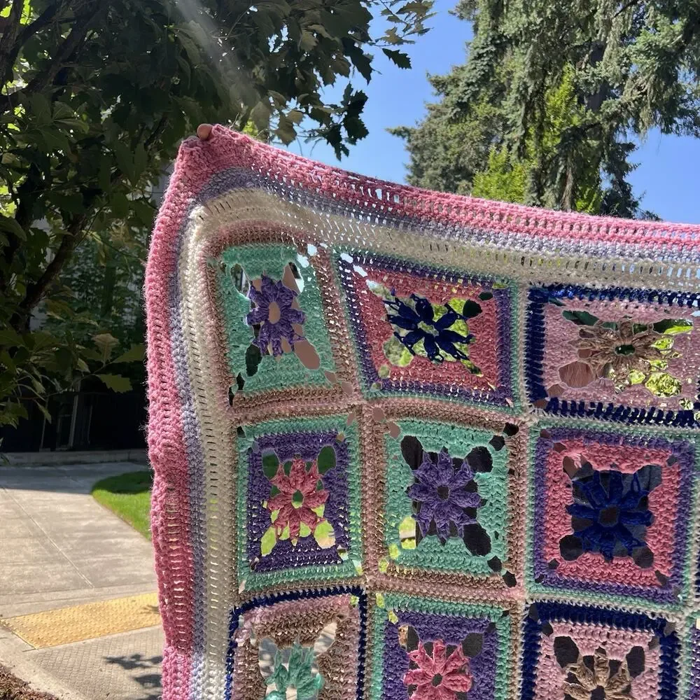 Vintage Granny Square Afghan Blanket Pink Mint Purple Mauve Blue Loose Knit